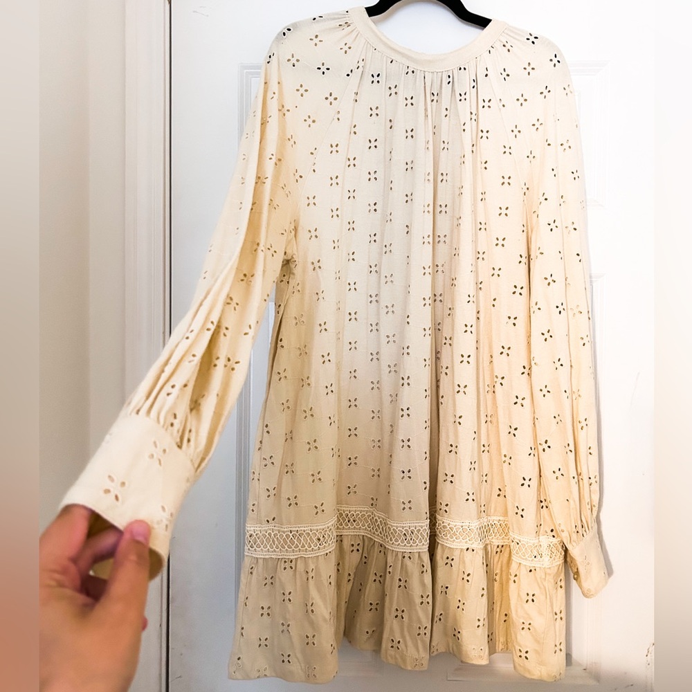 Long-sleeve eyelet mini dress